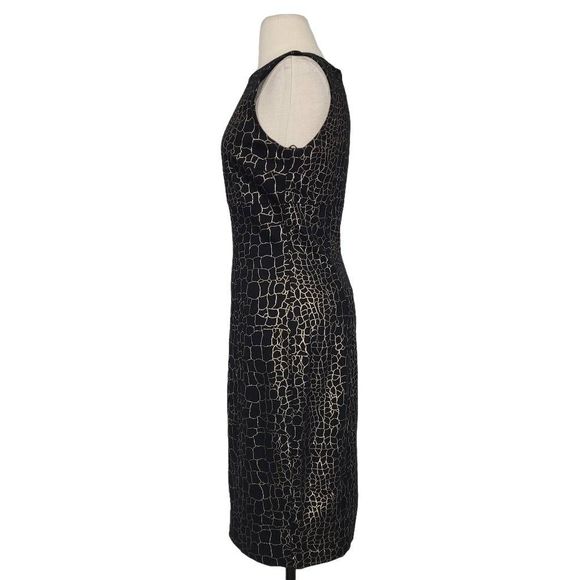 Vtg Cache Black Gold Animal Print Sheath Dress Sz 8 Sleeveless Knee Length - Picture 2 of 10